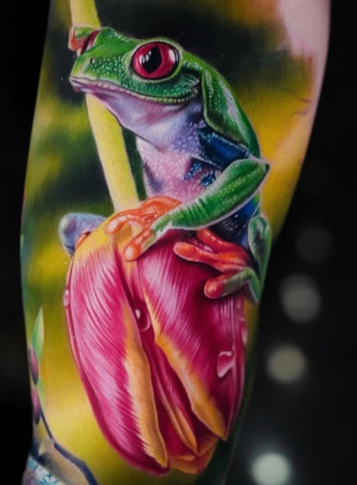 Vibrant colored realistic frog tattoo on forearm
