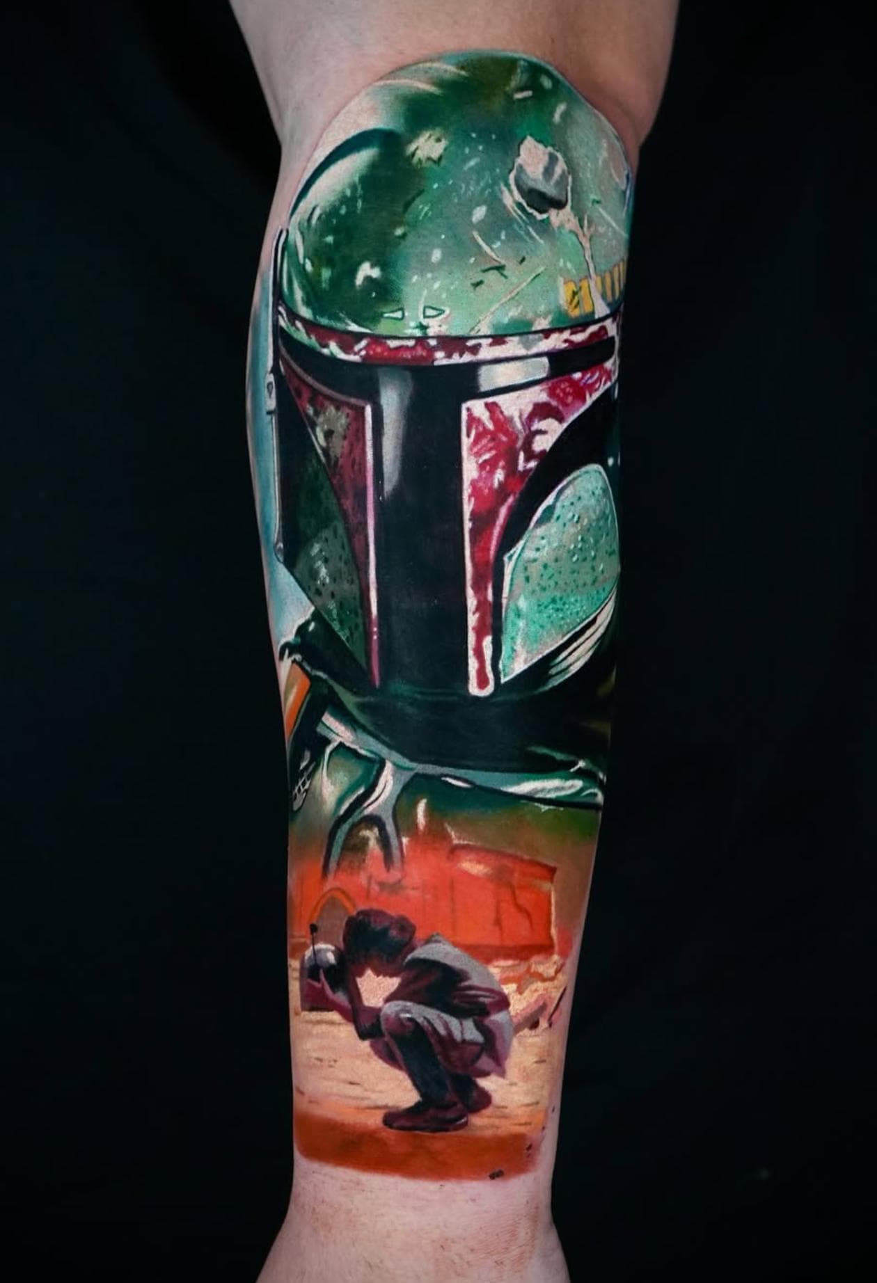 Colorful realistic movie character tattoo on upper arm